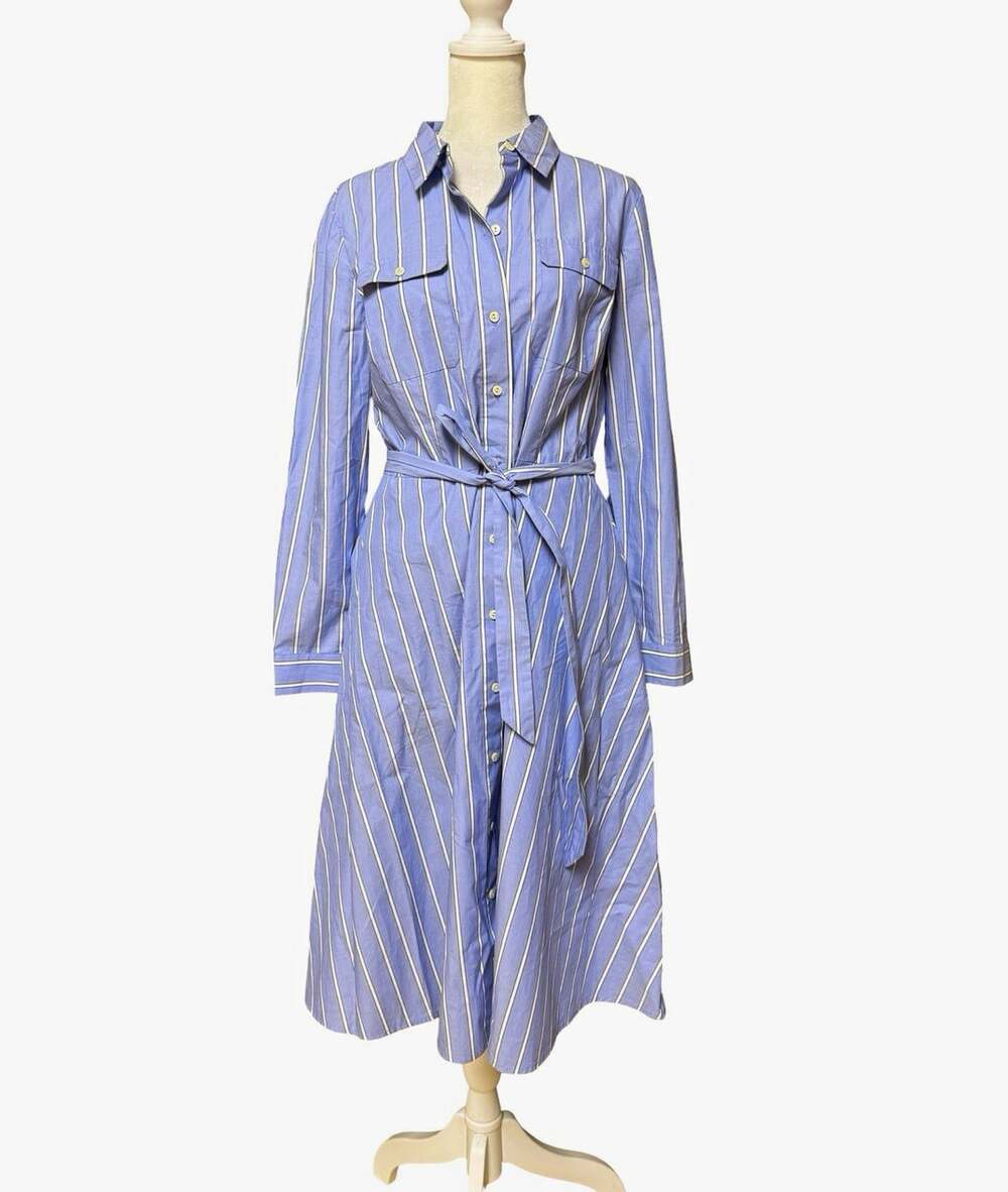 Talbots Blue White Striped Shirt Dress Belted Long Sleeve Cotton Petite 8P
